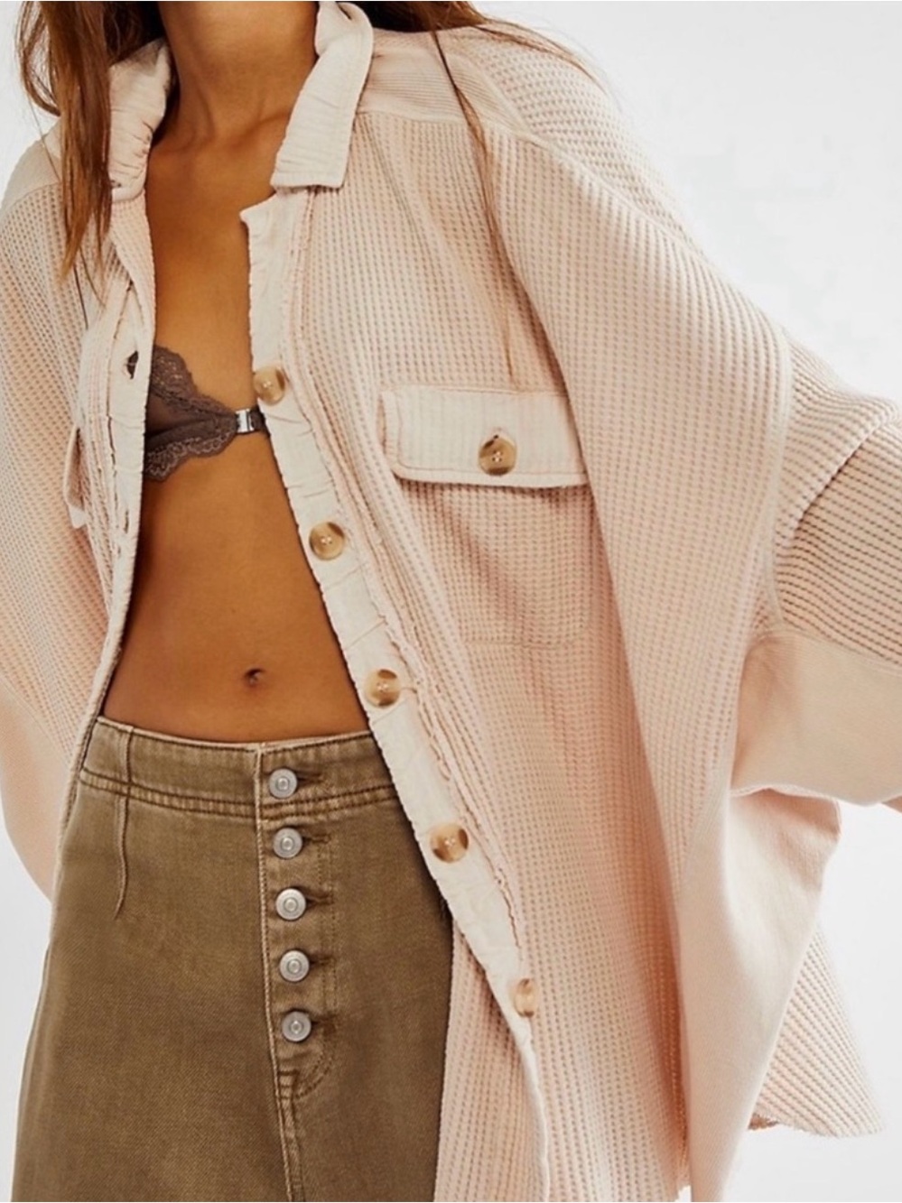 Free People One Scout Jacket Sand XS Waffle Knit Shacket Oversized Raw Hem Boho